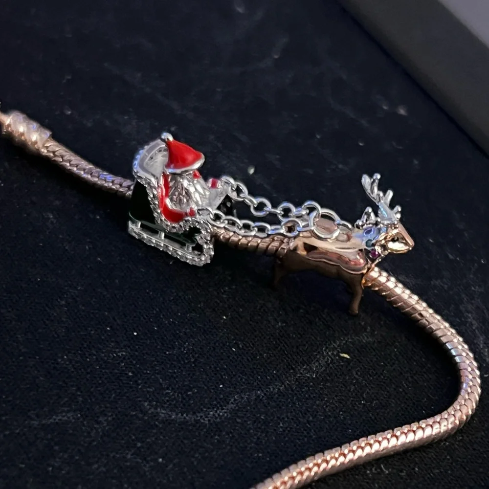 Double Christmas Charm Silver Santa Claus Charm Chained To A Reindeer Charm - Picture 4 of 7